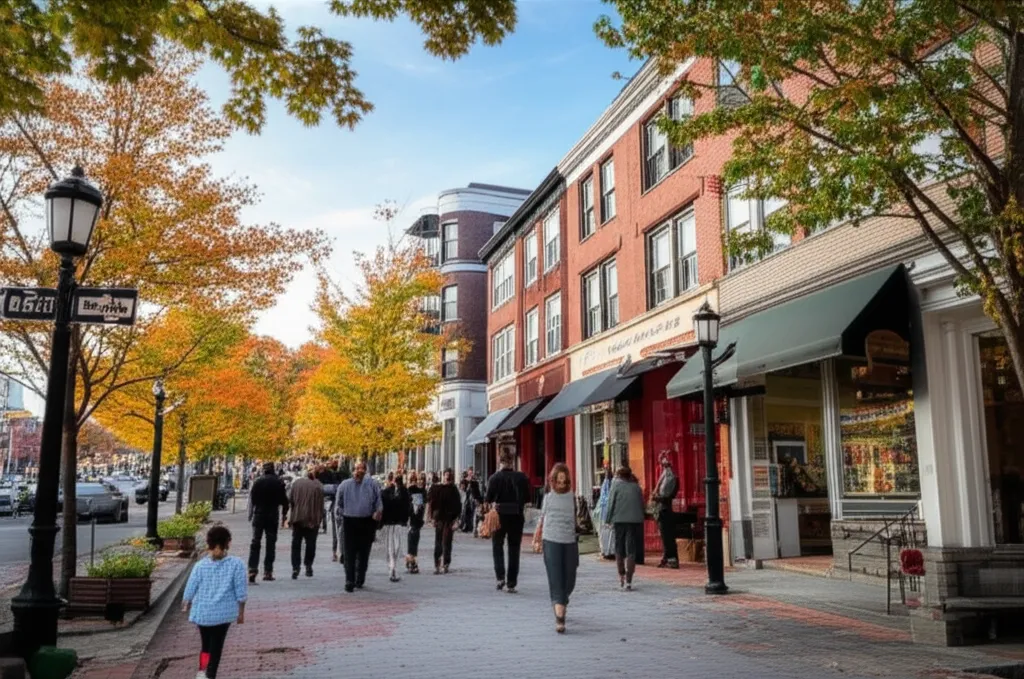 A shopping street of brick buildings with awnings and shopfronts, people walking under trees in autumn colour