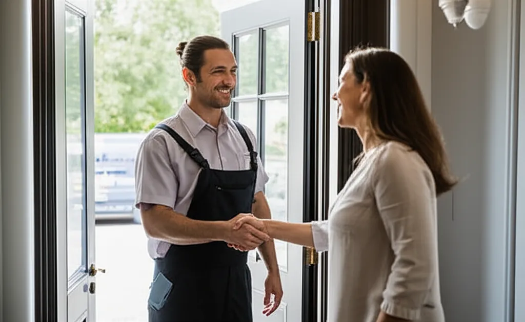 Two people shaking hands in an open doorway, one wearing a work apron over a grey shirt