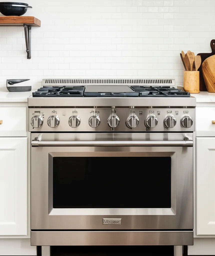 A wide stainless range with a row of control knobs and a gas cooktop, built into pale kitchen cabinetry