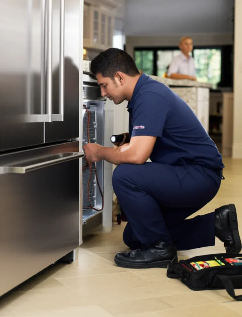 A person kneeling in front of an open stainless refrigerator compartment, shining a small torch inside it