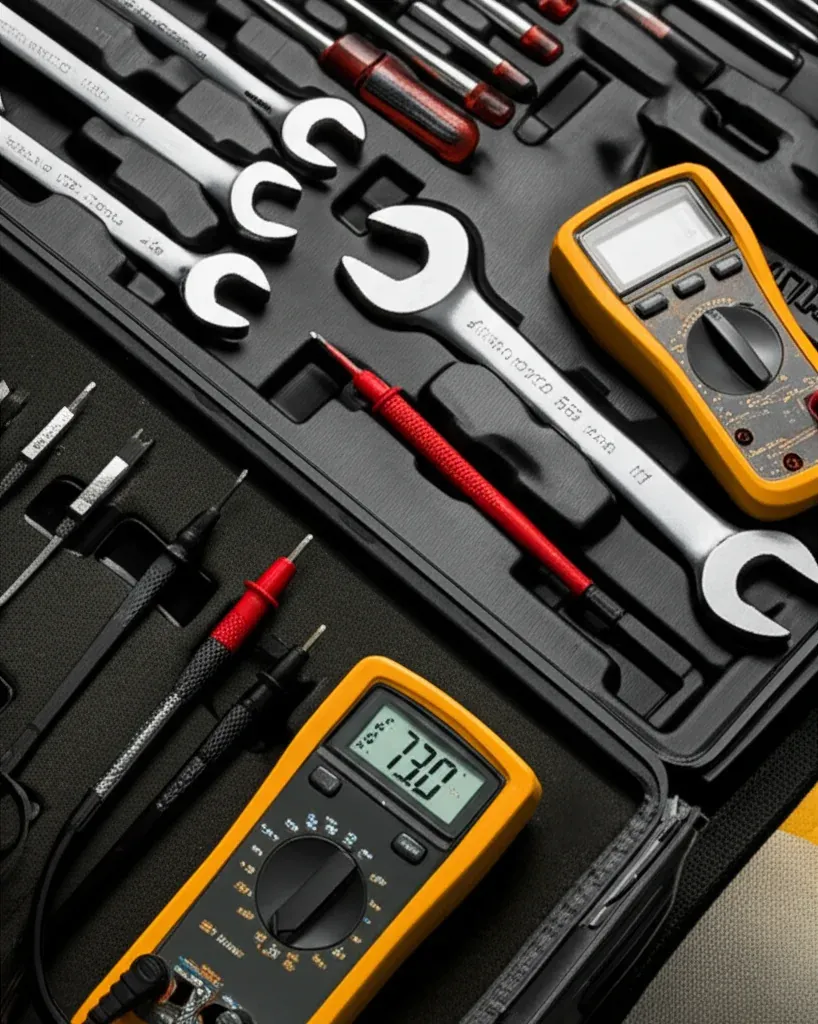 Combination wrenches, red and black test leads and a yellow digital multimeter laid in a black foam case