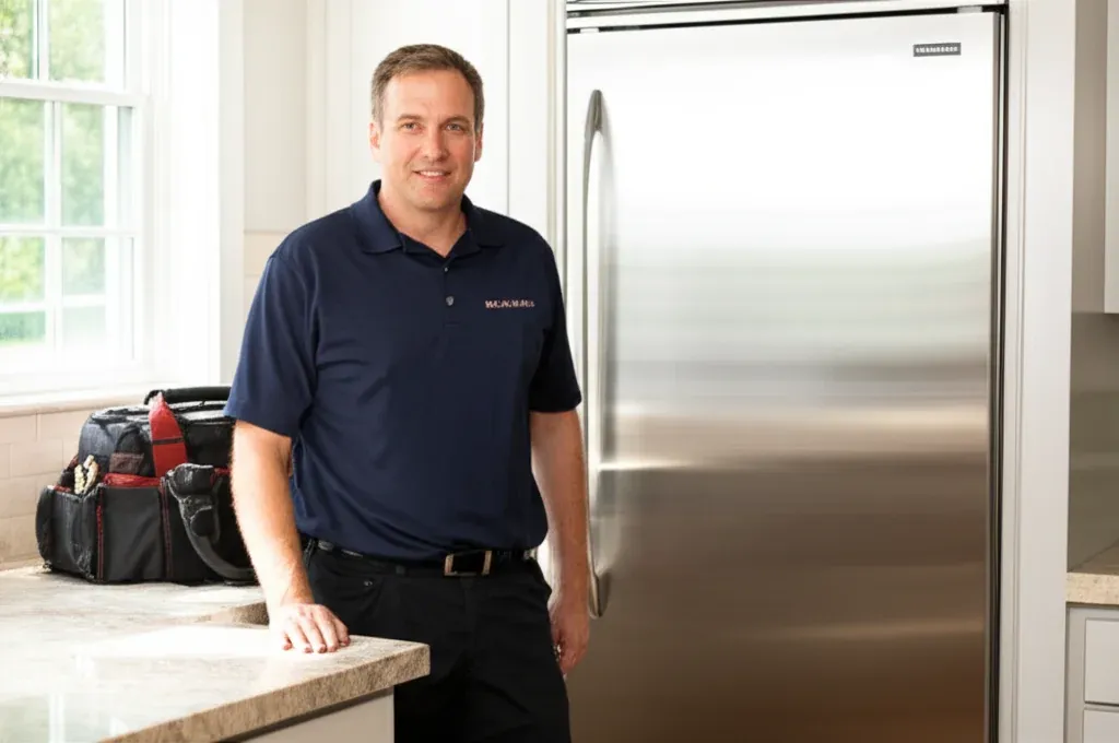 A man in a navy polo shirt beside a stainless refrigerator in a bright kitchen, a tool bag on the floor at his feet