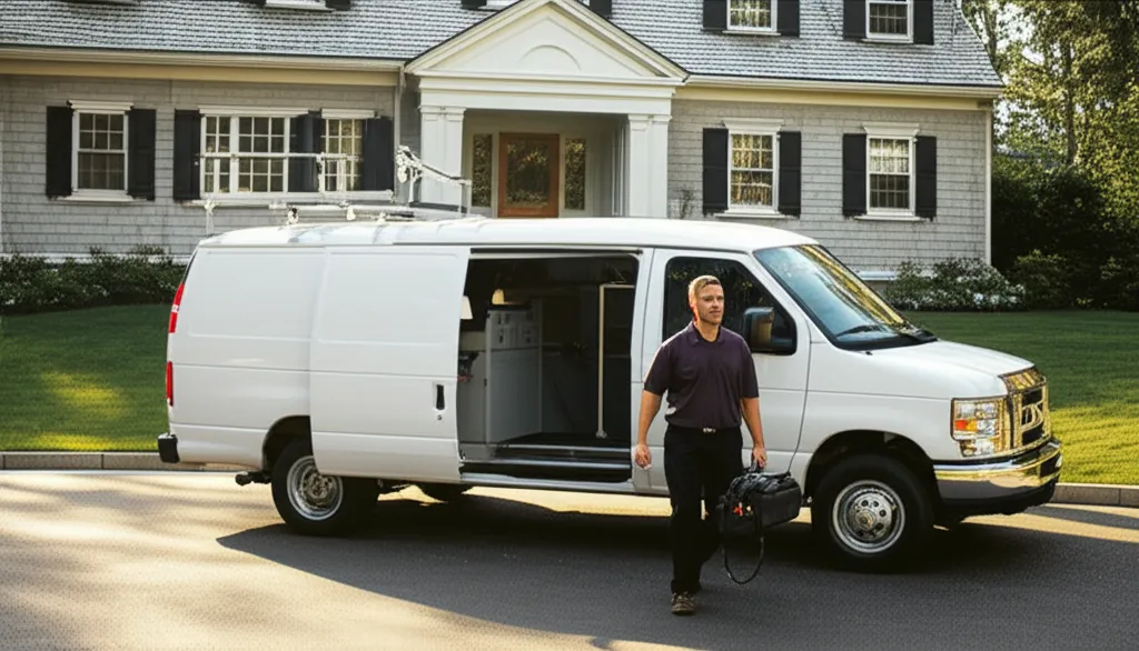 A white cargo van with its side door open at the kerb outside a shingled house with black shutters