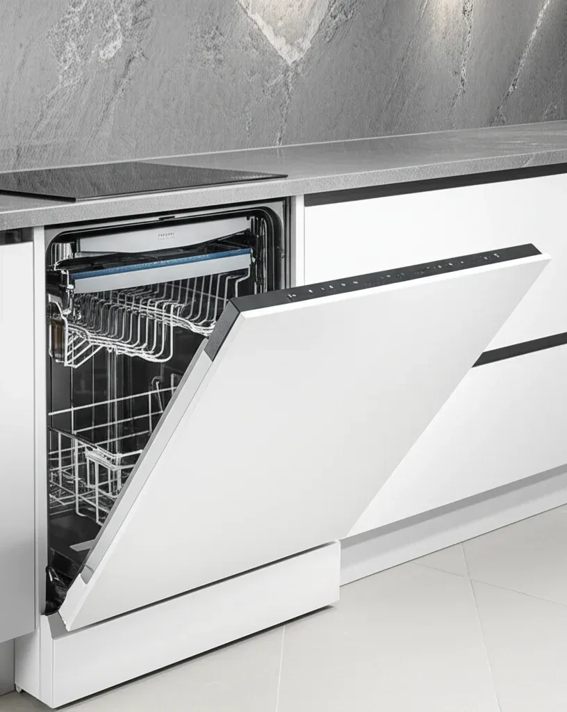 A dishwasher photographed against a plain background with its door open on two wire racks
