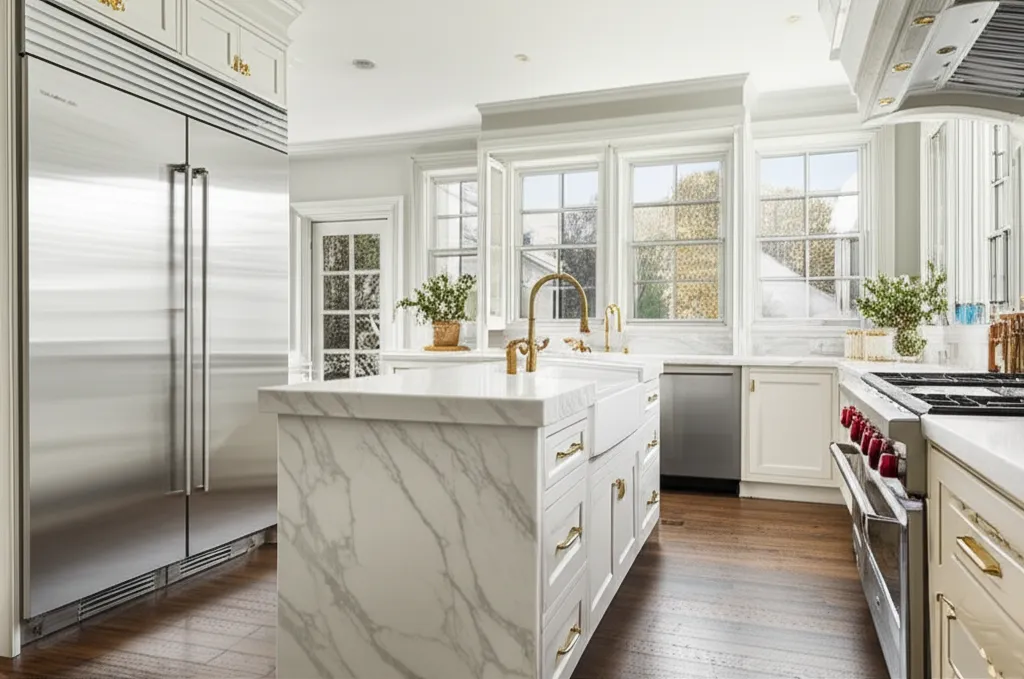 A white kitchen with a marble island, tall integrated refrigeration against the left wall and windows behind