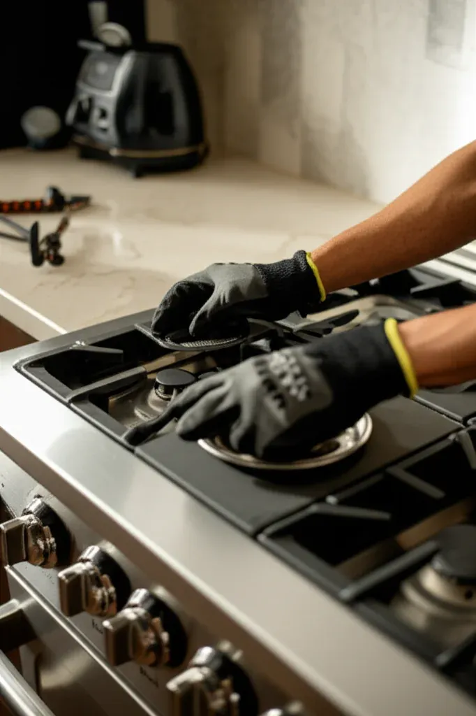 Gloved hands lowering a cast-iron grate onto the burners of a stainless gas cooktop