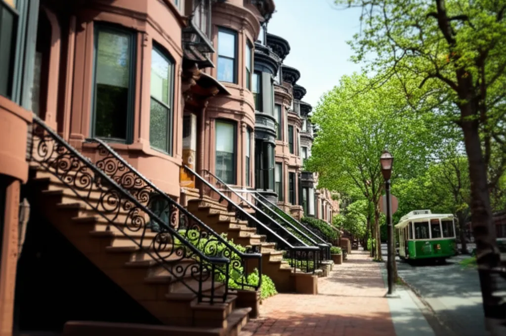 A row of brownstone houses with iron stoop railings under leafy trees, a green streetcar further down the road