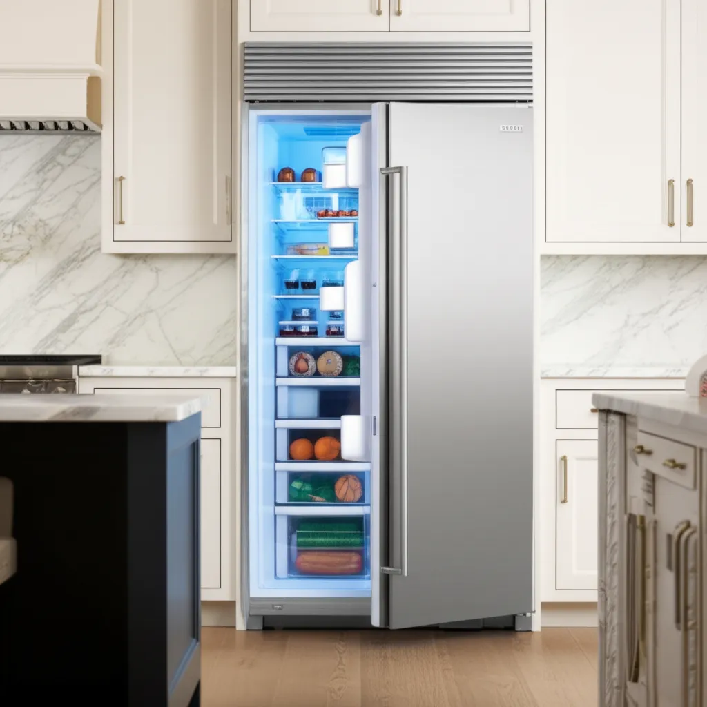 A tall refrigerator column with its door open, the lit interior showing food arranged on glass shelves